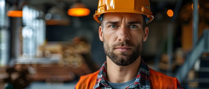 Serious intelligent construction worker in helmet with handsome professional appearance. Concept Construction Industry, Professional Attire, Helmet Safety, Serious Expression, Handsome Appearance