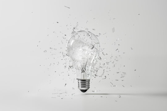 Photorealistic transparent light bulb standing vertically on a table and shattering into shards in various directions. Brainstorming concept. White background.