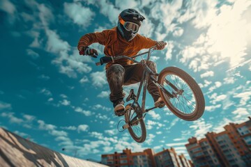 An extreme sports athlete jumping high on a BMX bike against a blue sky and city buildings background