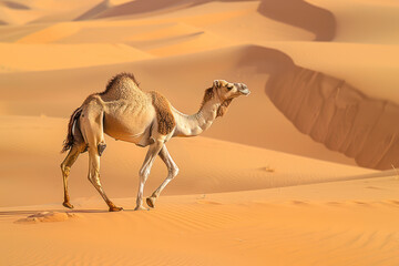A dromedary camel treks across the endless sands of the desert. - obrazy, fototapety, plakaty