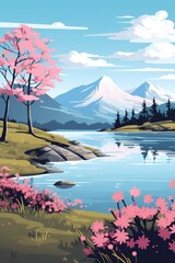beautiful nature landscape in sping by lake illustration