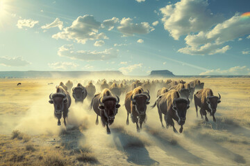 A herd of bison moves in unison across the vast plains. - obrazy, fototapety, plakaty