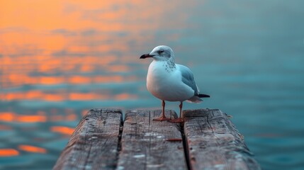 Fototapeta premium Seagull Overlooking Sunset on Serene Water