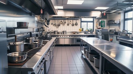 Interior of restaurant kitchen in metal materials, project for your business - 795339769