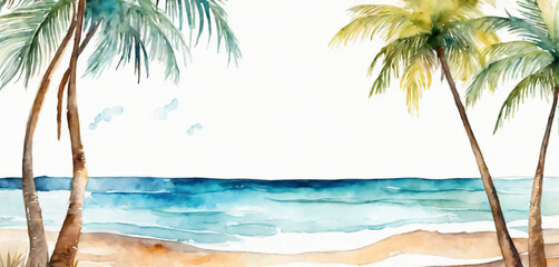 Watercolor spring break, beach scene summer.