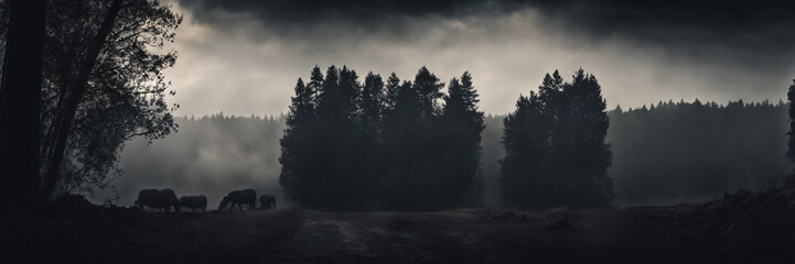 Dark trees in mist 