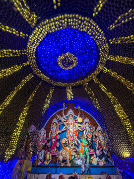 statue of godess Durga decorated pandal. biggest religious festival of Hindu dharma