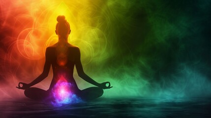 Silhouette of a person sitting in a lotus position in meditation with a bright multi-colored aura - 795340387