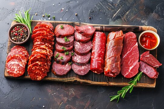 Assorted meat cuts on tray in butcher shop, empty price tags, wide banner for copy space