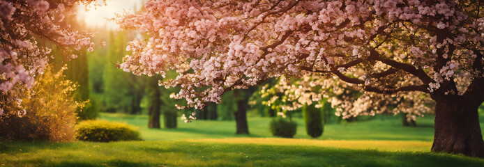 Cherry blossoms, pink sakura trees in green field panorama background.