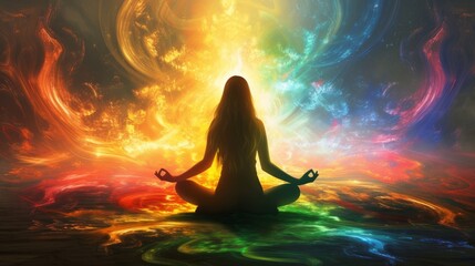 Silhouette of a person sitting in a lotus position in meditation with a bright multi-colored aura - 795340583