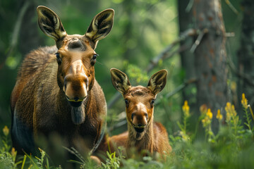 A moose calf follows closely behind its mother.