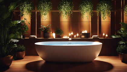 Beautiful and luxury Onsen spa room in peaceful style with wood bath against the wall