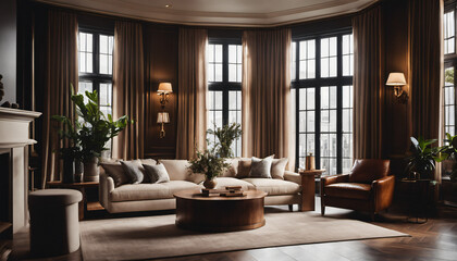 Naklejka premium Modern living room showcasing a luxurious sofa close-up, sleek design, and hardwood floors.