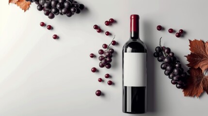 Red Wine Bottle with Grapes and Autumn Leaves, An artistic arrangement of a red wine bottle with fresh grapes and dried autumn leaves, creating a cozy, seasonal atmosphere. - obrazy, fototapety, plakaty