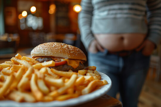 Close-up of an overweight person's midsection, highlighting unhealthy eating habits and lack of physical activity, with a blurred background 
