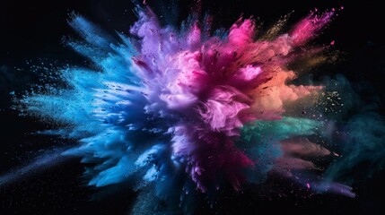 Vibrant explosion of multicolored particles and smoke against a stark black background, capturing the dynamic energy of impact. - obrazy, fototapety, plakaty