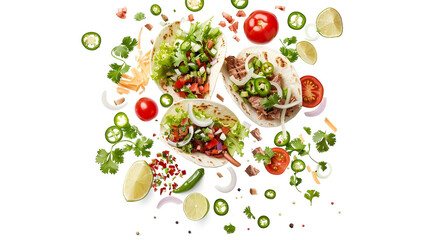 Taco toppings in the air against a white background. meat, cheese, onion, tomato, lime, cilantro, and jalapenos. Generative AI