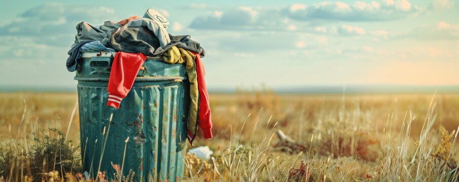 Fast fashion concept with a trash can full of clothes.