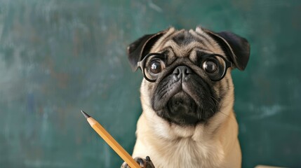 Pug dressed as a school teacher with glasses and a pointer