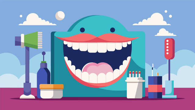 A clean teeth selfie station with a backdrop of giant foam teeth and props like oversized toothpaste tubes toothbrushes and dental floss for