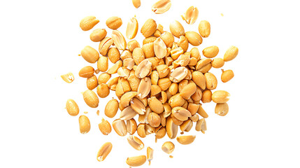 A group of roasted peanuts on a white background.