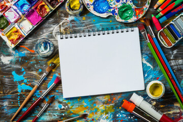 Blank note surrounded by artistic tools such as paintbrushes, markers, and colorful paint palettes. 