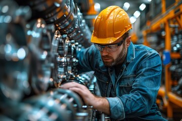 The engineer is seen in deep concentration, inspecting the intricate machinery components in a manufacturing environment