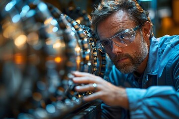 An engineer in blue shirt is intently examining or adjusting the complex machinery in an industrial setting, focus on hands