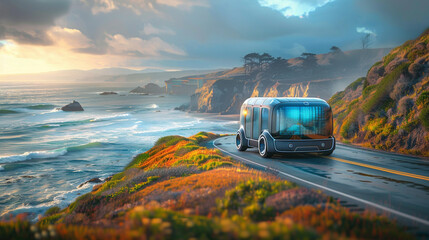 A futuristic vehicle is driving down a road near the ocean