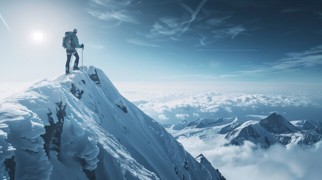 A mountaineer scaling a treacherous peak, defying danger and pushing their limits with bravery and determination to conquer the summit.