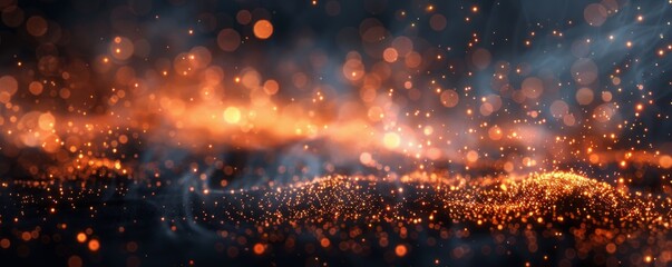 Fire embers particles over black background. Fire sparks background. Abstract dark glitter fire particles lights. - obrazy, fototapety, plakaty
