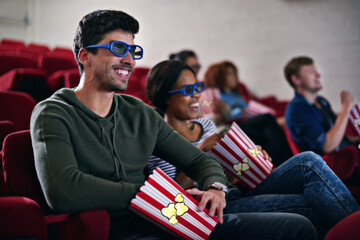 3d, movie and couple in cinema on date with popcorn to relax and watch in theatre with happiness....