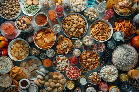 shot of a table full of processed junk food and sugary drinks, symbolizing the factors contributing to obesity in developed countries