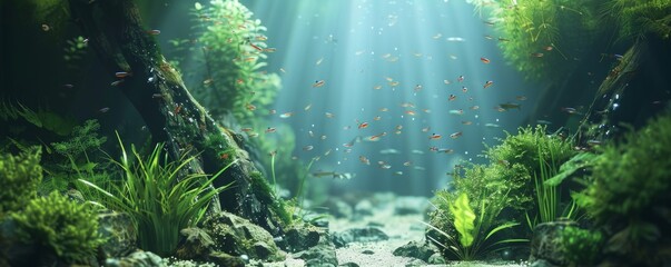 Fototapeta na wymiar Fish tank aquarium aquascape in trendy style.