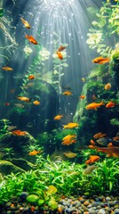 Fish tank aquarium aquascape in trendy style.