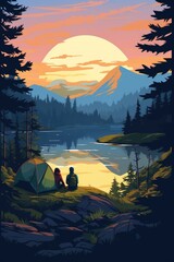 couple at camping by lake in summer illustration
