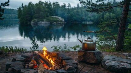 Coffe pot on campfire neat by forest lake.