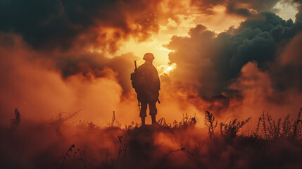 A soldier standing firm on the battlefield, showing unwavering bravery and resolve in the heat of combat.
