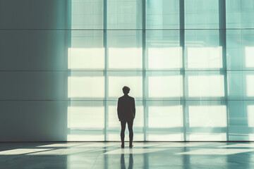 Fototapeta na wymiar Minimalist composition, silhouette of an office worker against wall in sunlight