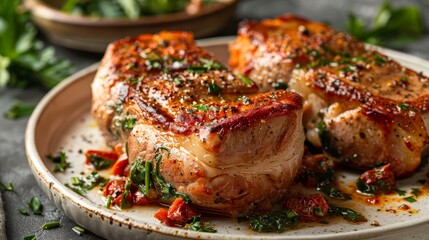 Mozzarella and sun-dried tomato stuffed pork chops showcased in studio lighting, detailed textures visible, set against a clean background
