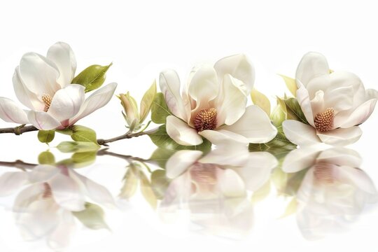 Three white flowers are reflected in a mirror. The flowers are on a branch and the reflection is on a white background