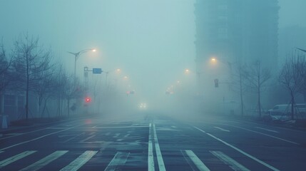 Mysterious fog envelops a city street, creating an eerie atmosphere.