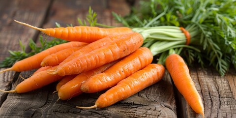 Fresh orange carrots arranged neatly on a rustic wooden surface.
