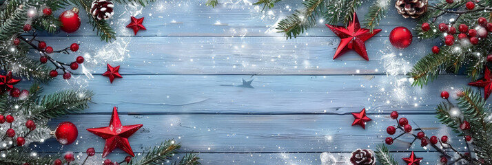 Fototapeta na wymiar Christmas background with snow, pine branches and red stars on wooden board background. Christmas concept with copy space for text. Winter holiday decoration backdrop.banner