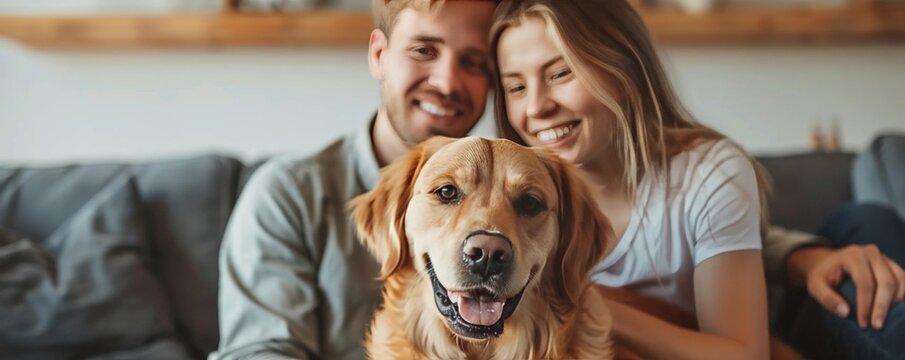 Young couple with a dog sitting together, excitedly planning their move to a new home.