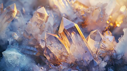 Enchanting abstract crystals radiating with a soft, ethereal glow against white
