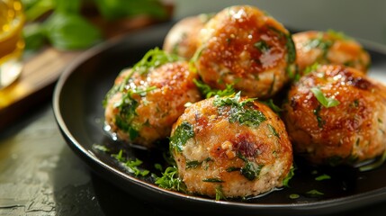 Mozzarella and spinach stuffed chicken meatballs, enticingly golden, showcased under studio lights, clean background