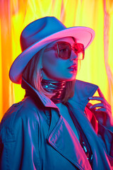 Beautiful young girl with confident look wearing hat, sunglasses and stylish jacket against vibrant yellow background in neon light. Concept of modern fashion, trendy style, beauty, youth culture