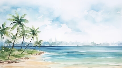 Palm trees on the beach, water color style.